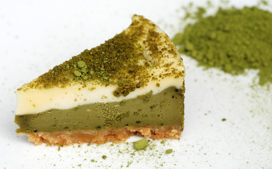 A healthy spin on a classic sour cream cheesecake: matcha cheesecake with ginger sour cream.